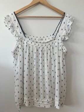 Maurices Floral Dot Blouse Womens 2X White Blue Ruffle Sleeve Boho Flowy Top